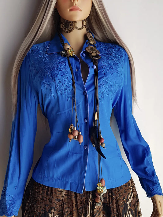 Heavily Embroidered Vintage Cowgirl Shirt - Vibrant Blue - Embroidered Chest & Sleeves - Fitted Hourglass - Stunning Embroidery & Piping - Button Front