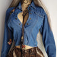 Vintage Cowgirl Cropped Denim Jacket / Blouse in Heavy Tailored Blue Denim - Collared with Button Front & Panelling for an Hourglass Fit