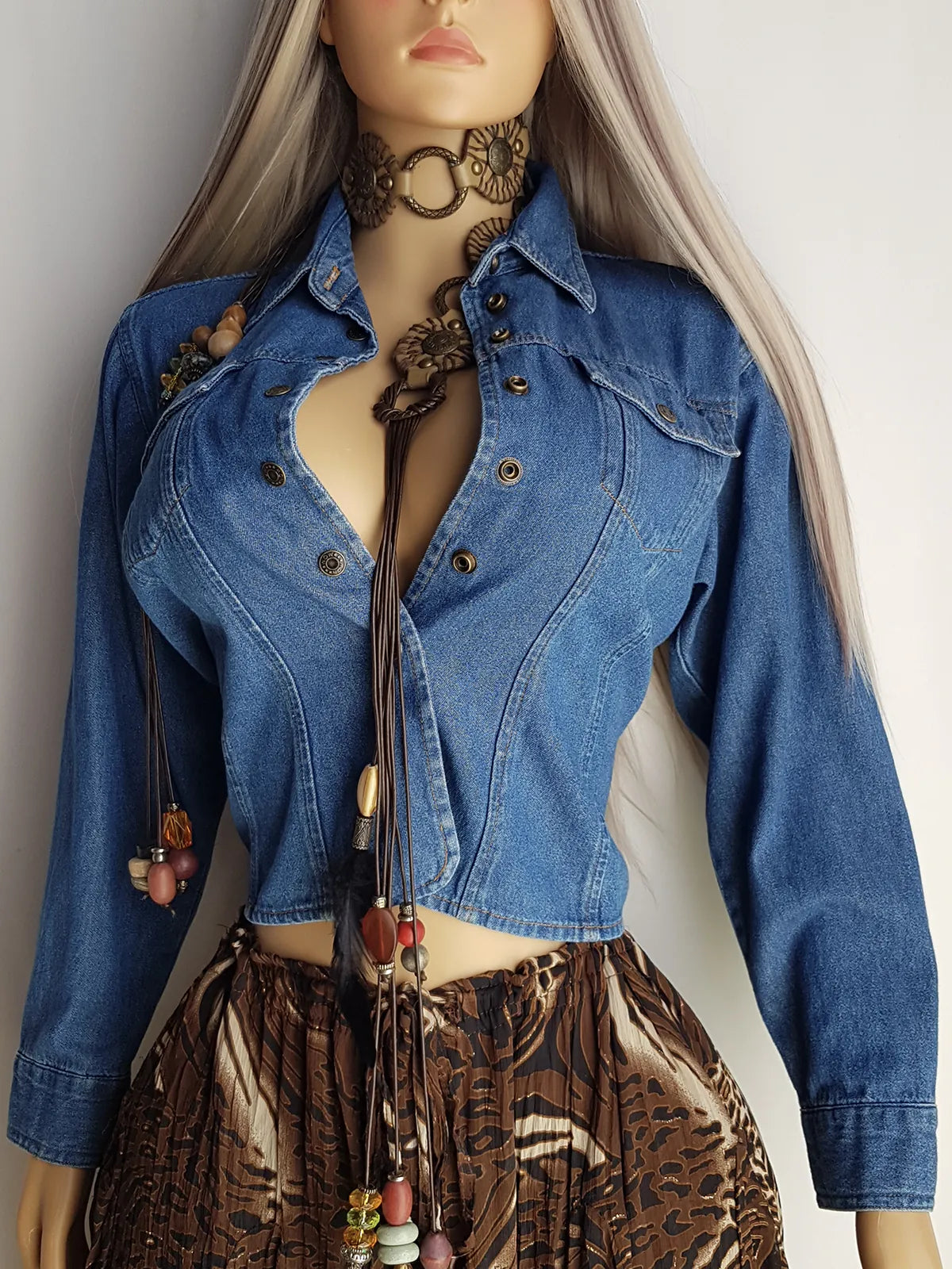 Vintage Cowgirl Cropped Denim Jacket / Blouse in Heavy Tailored Blue Denim - Collared with Button Front & Panelling for an Hourglass Fit