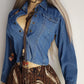 Vintage Cowgirl Cropped Denim Jacket / Blouse in Heavy Tailored Blue Denim - Collared with Button Front & Panelling for an Hourglass Fit