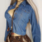 Vintage Cowgirl Cropped Denim Jacket / Blouse in Heavy Tailored Blue Denim - Collared with Button Front & Panelling for an Hourglass Fit