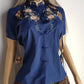 Heavily Embroidered Vintage Cowgirl Shirt With Oriental Vibes - Vibrant Blue - Embroidered Chest & Sleeves - Fitted Hourglass - Stunning Embroidery & Piping - Cheongsam Button Front