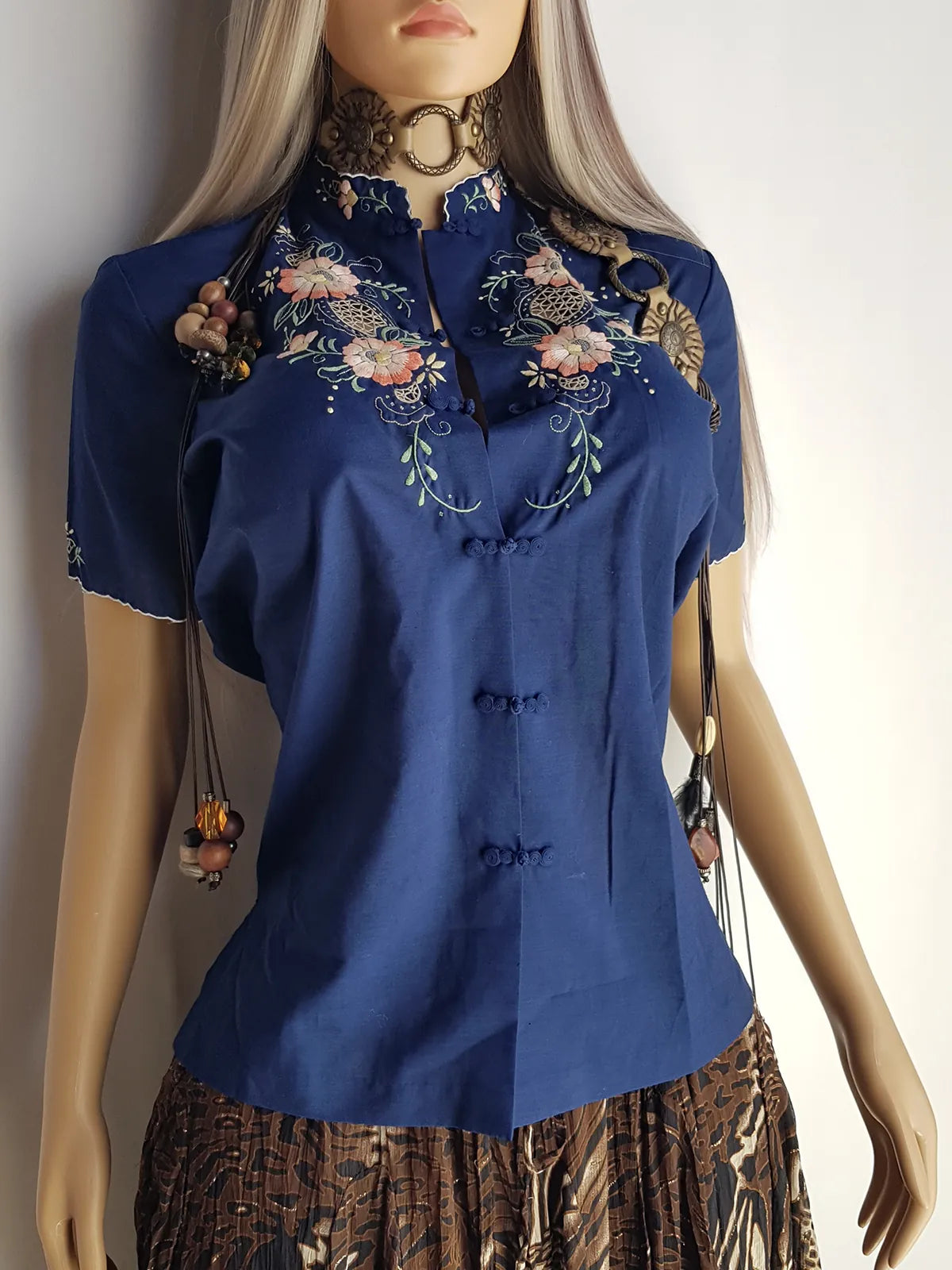 Heavily Embroidered Vintage Cowgirl Shirt With Oriental Vibes - Vibrant Blue - Embroidered Chest & Sleeves - Fitted Hourglass - Stunning Embroidery & Piping - Cheongsam Button Front