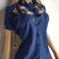 Heavily Embroidered Vintage Cowgirl Shirt With Oriental Vibes - Vibrant Blue - Embroidered Chest & Sleeves - Fitted Hourglass - Stunning Embroidery & Piping - Cheongsam Button Front
