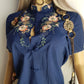 Heavily Embroidered Vintage Cowgirl Shirt With Oriental Vibes - Vibrant Blue - Embroidered Chest & Sleeves - Fitted Hourglass - Stunning Embroidery & Piping - Cheongsam Button Front