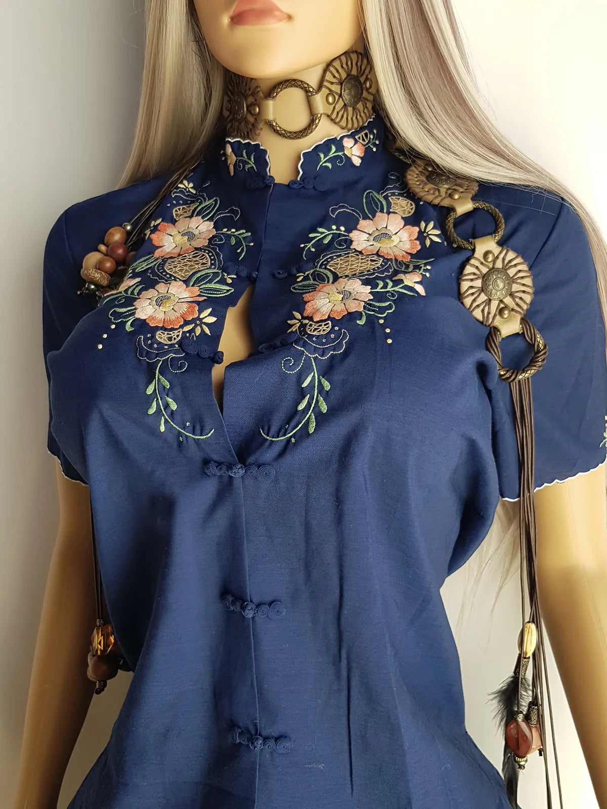 Heavily Embroidered Vintage Cowgirl Shirt With Oriental Vibes - Vibrant Blue - Embroidered Chest & Sleeves - Fitted Hourglass - Stunning Embroidery & Piping - Cheongsam Button Front