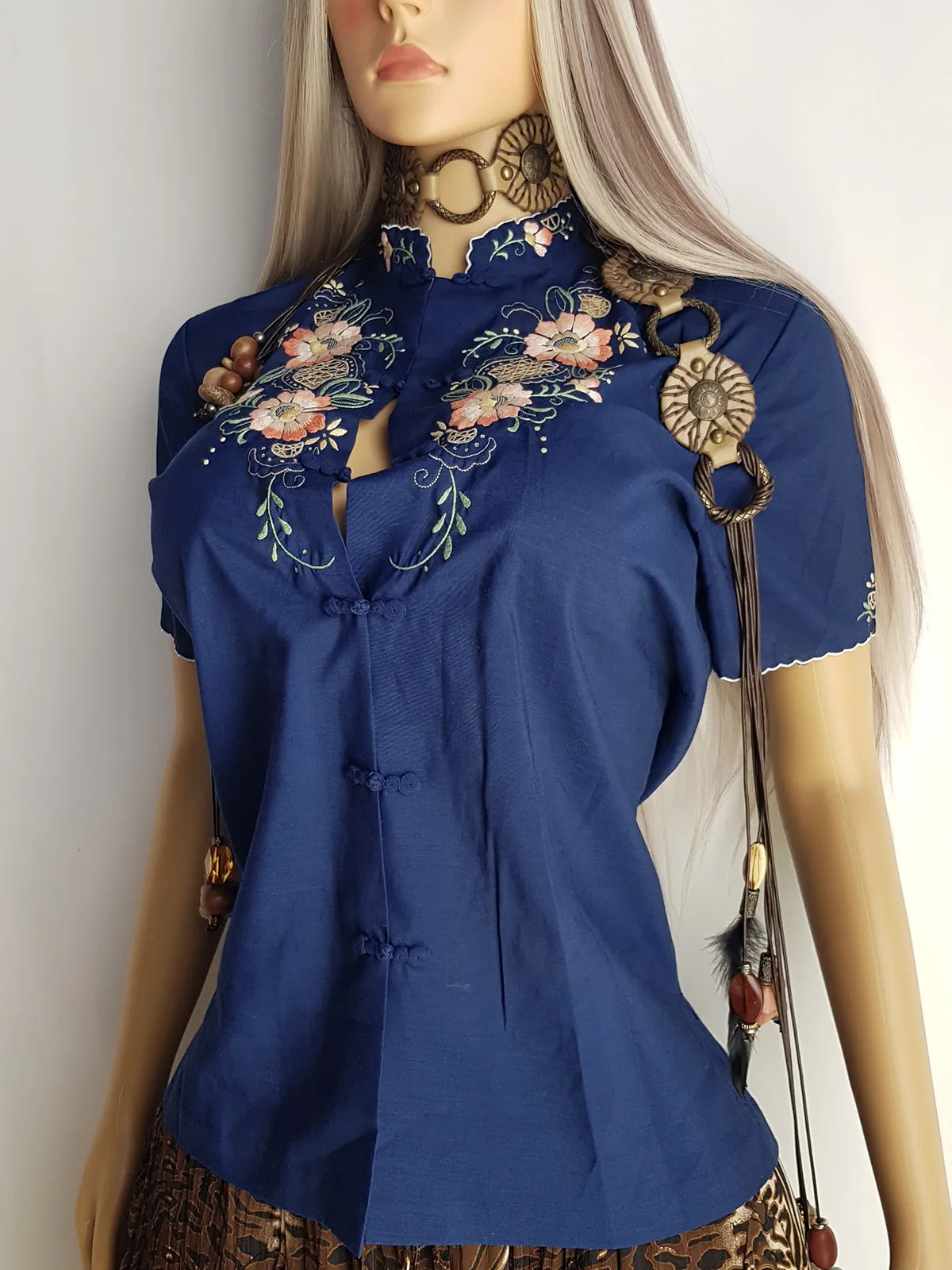 Heavily Embroidered Vintage Cowgirl Shirt With Oriental Vibes - Vibrant Blue - Embroidered Chest & Sleeves - Fitted Hourglass - Stunning Embroidery & Piping - Cheongsam Button Front