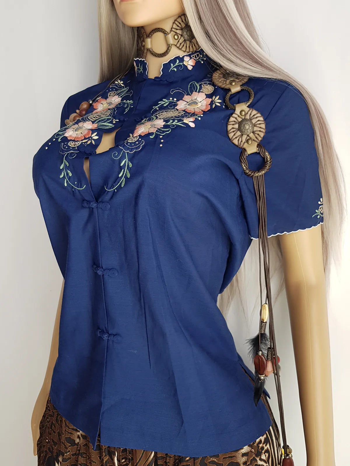 Heavily Embroidered Vintage Cowgirl Shirt With Oriental Vibes - Vibrant Blue - Embroidered Chest & Sleeves - Fitted Hourglass - Stunning Embroidery & Piping - Cheongsam Button Front