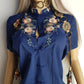 Heavily Embroidered Vintage Cowgirl Shirt With Oriental Vibes - Vibrant Blue - Embroidered Chest & Sleeves - Fitted Hourglass - Stunning Embroidery & Piping - Cheongsam Button Front