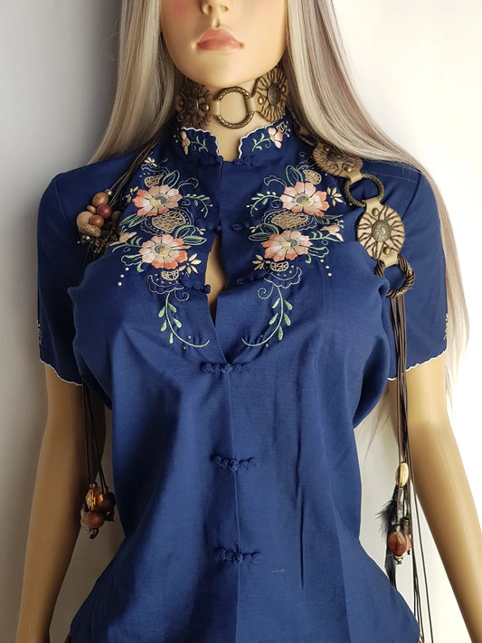 Heavily Embroidered Vintage Cowgirl Shirt With Oriental Vibes - Vibrant Blue - Embroidered Chest & Sleeves - Fitted Hourglass - Stunning Embroidery & Piping - Cheongsam Button Front