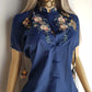 Heavily Embroidered Vintage Cowgirl Shirt With Oriental Vibes - Vibrant Blue - Embroidered Chest & Sleeves - Fitted Hourglass - Stunning Embroidery & Piping - Cheongsam Button Front