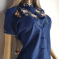 Heavily Embroidered Vintage Cowgirl Shirt With Oriental Vibes - Vibrant Blue - Embroidered Chest & Sleeves - Fitted Hourglass - Stunning Embroidery & Piping - Cheongsam Button Front