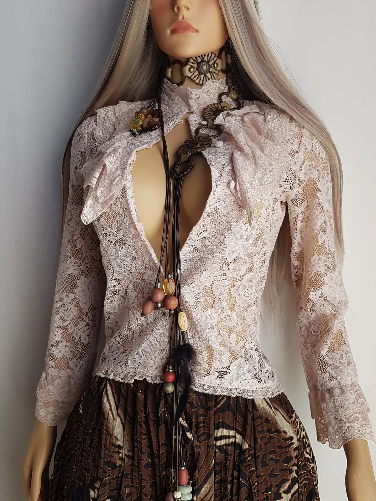 Saloon Girl Style Vintage Lace Jacket / Blouse - Light Powder Pink - Ornate High Collar - Lace Ruffle Collar & Cuffs - Button Front - Perfect Cowgirl Vibes