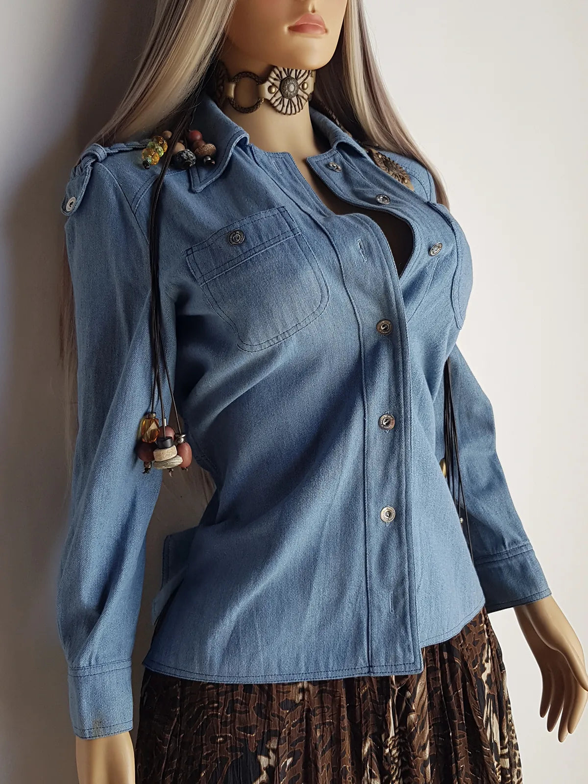 1970s Braided Cowgirl Aged Denim Shirt - Perfectly Faded Light Blue - Braided Feature Shoulders - Perfect Tailoring