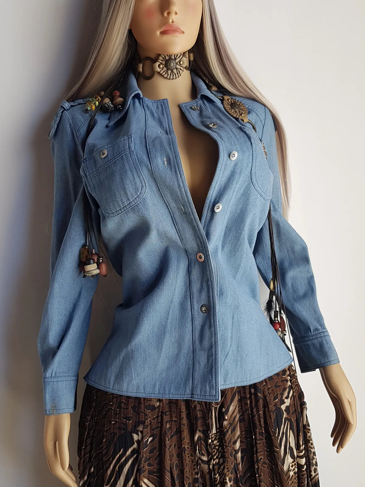 1970s Braided Cowgirl Aged Denim Shirt - Perfectly Faded Light Blue - Braided Feature Shoulders - Perfect Tailoring