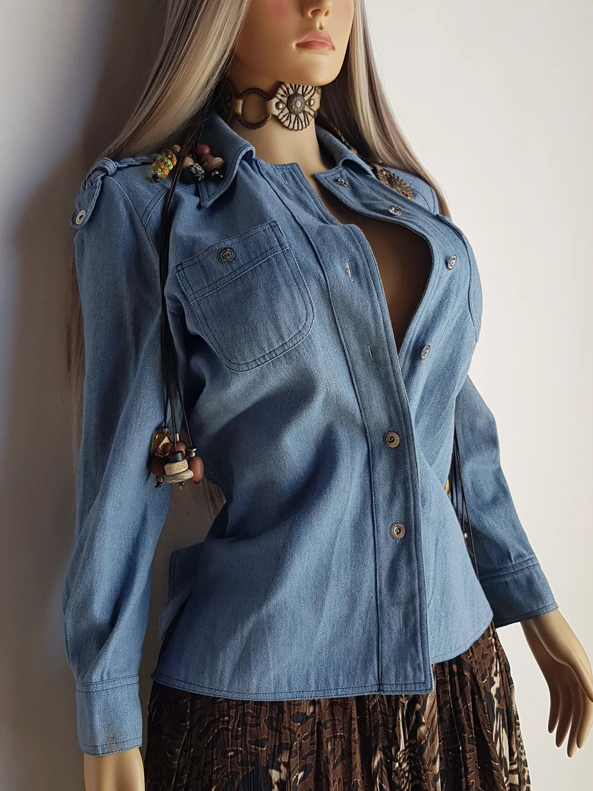 1970s Braided Cowgirl Aged Denim Shirt - Perfectly Faded Light Blue - Braided Feature Shoulders - Perfect Tailoring