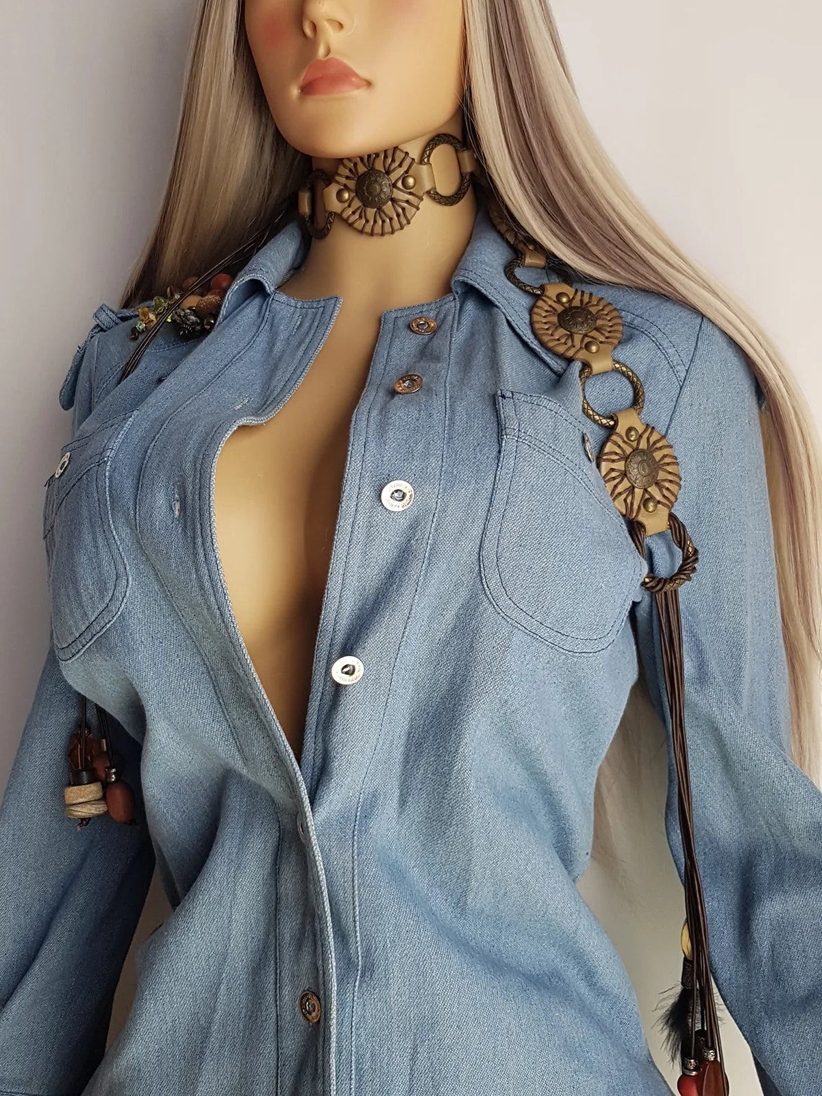 1970s Braided Cowgirl Aged Denim Shirt - Perfectly Faded Light Blue - Braided Feature Shoulders - Perfect Tailoring