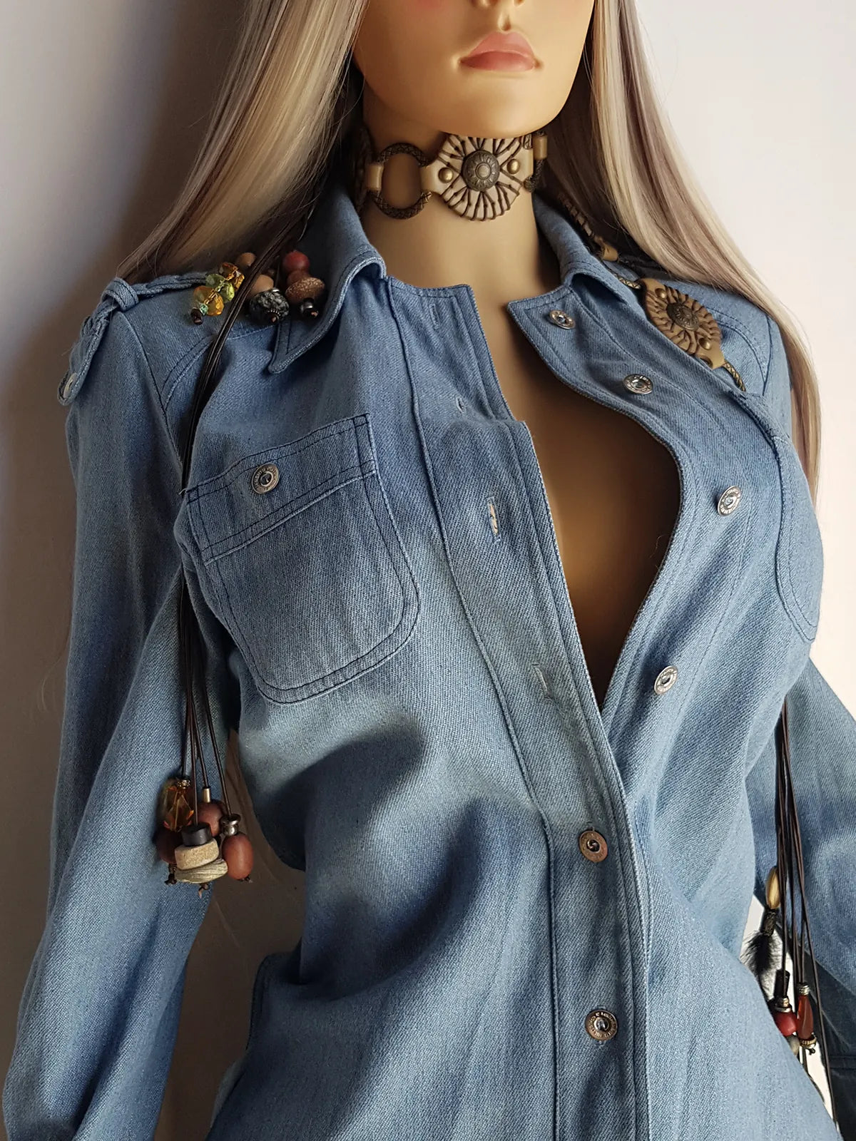 1970s Braided Cowgirl Aged Denim Shirt - Perfectly Faded Light Blue - Braided Feature Shoulders - Perfect Tailoring