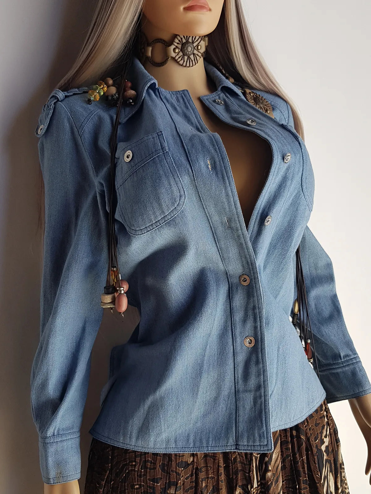 1970s Braided Cowgirl Aged Denim Shirt - Perfectly Faded Light Blue - Braided Feature Shoulders - Perfect Tailoring