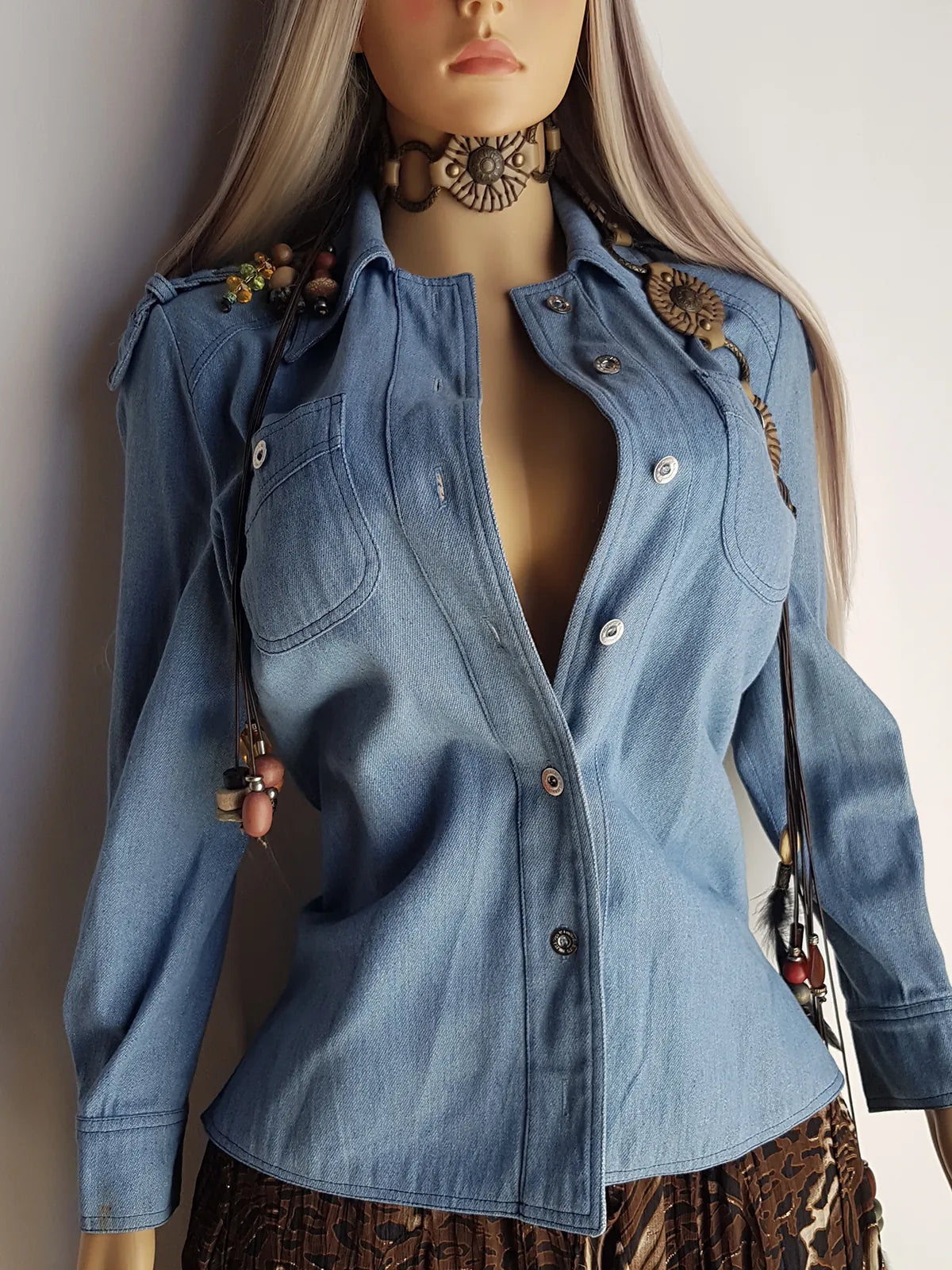 1970s Braided Cowgirl Aged Denim Shirt - Perfectly Faded Light Blue - Braided Feature Shoulders - Perfect Tailoring