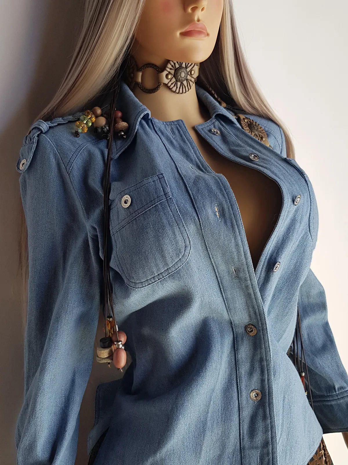 1970s Braided Cowgirl Aged Denim Shirt - Perfectly Faded Light Blue - Braided Feature Shoulders - Perfect Tailoring