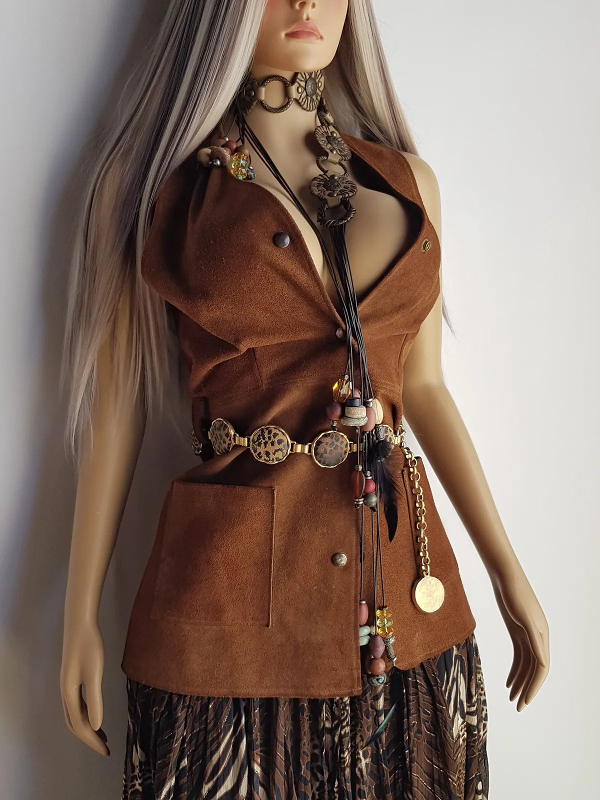 1970s genuine leather authentic vintage mini dress / vest in rich tobacco brown - metal pop buttons - belt loops - unbelievably cool