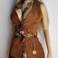 1970s genuine leather authentic vintage mini dress / vest in rich tobacco brown - metal pop buttons - belt loops - unbelievably cool