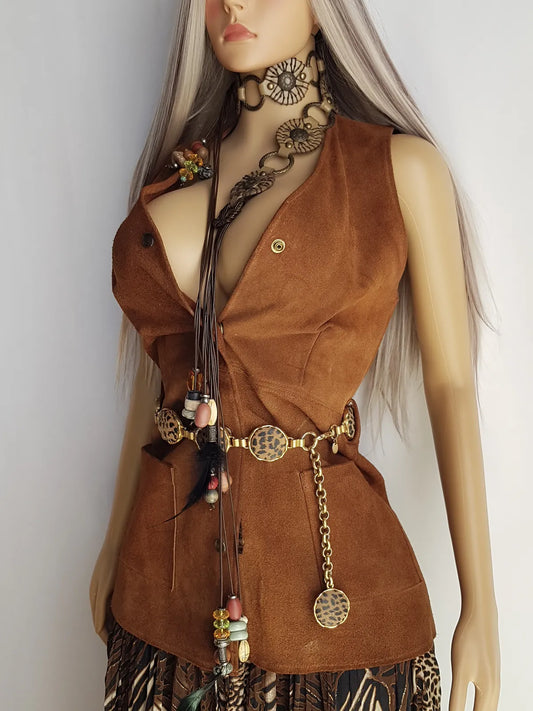 1970s genuine leather authentic vintage mini dress / vest in rich tobacco brown - metal pop buttons - belt loops - unbelievably cool