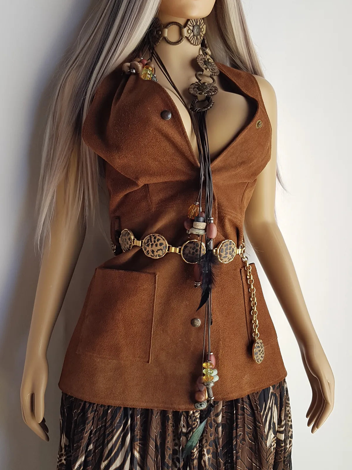 1970s genuine leather authentic vintage mini dress / vest in rich tobacco brown - metal pop buttons - belt loops - unbelievably cool