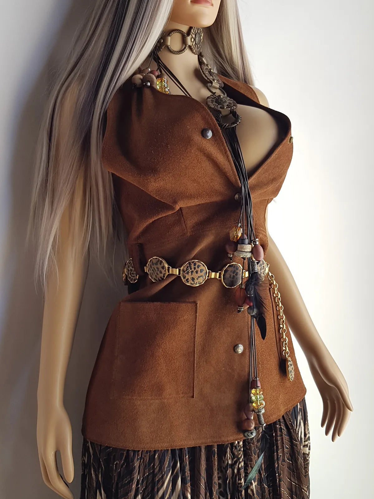 1970s genuine leather authentic vintage mini dress / vest in rich tobacco brown - metal pop buttons - belt loops - unbelievably cool