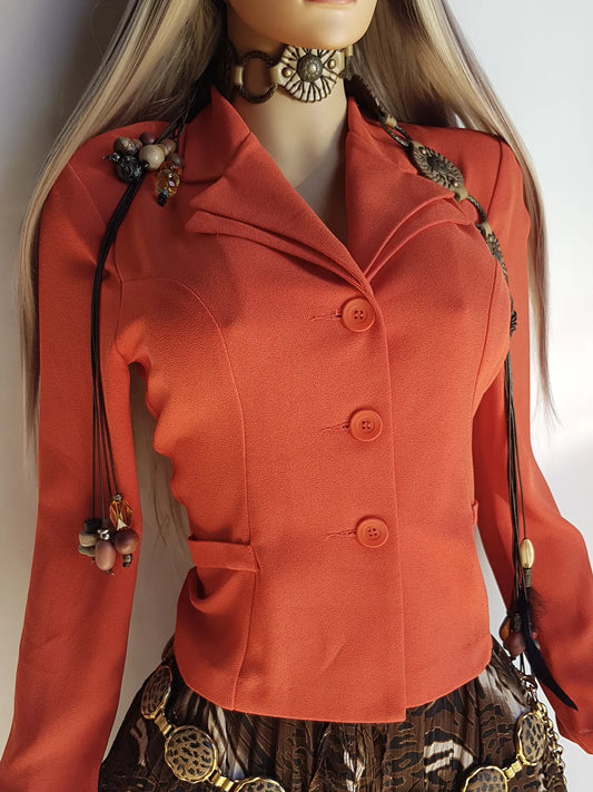 90s Mugler Style Perfectly Tailored Nipped Waist Tangerine Suit Jacket in light crepe fabric - Perfect Workwear Piece for an Office Siren