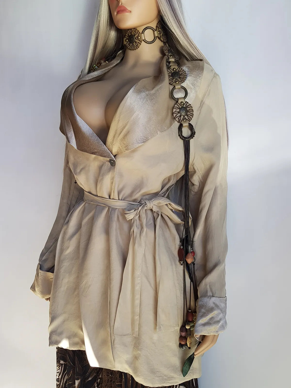 Dreamy Vintage Bohemian Slinky Jacket in Spectacular Pearl Tones - Iridescent Satin finish on Collar with Beautiful Inlaid Button - Tie Hourglass Waist - Perfect Layering Piece