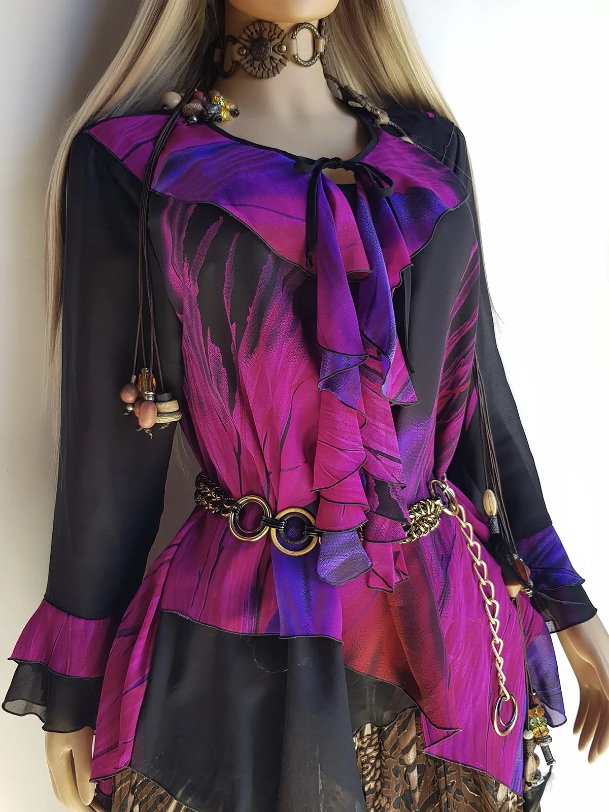 Spectacular Rock Star Girlfriend Asymmetrical Flouncy Top / Mini Dress - Rich Pinks & Purple Tones - Ruffles Everywhere- Multiple Layers