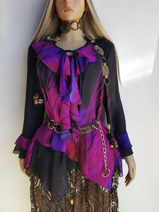 Spectacular Rock Star Girlfriend Asymmetrical Flouncy Top / Mini Dress - Rich Pinks & Purple Tones - Ruffles Everywhere- Multiple Layers