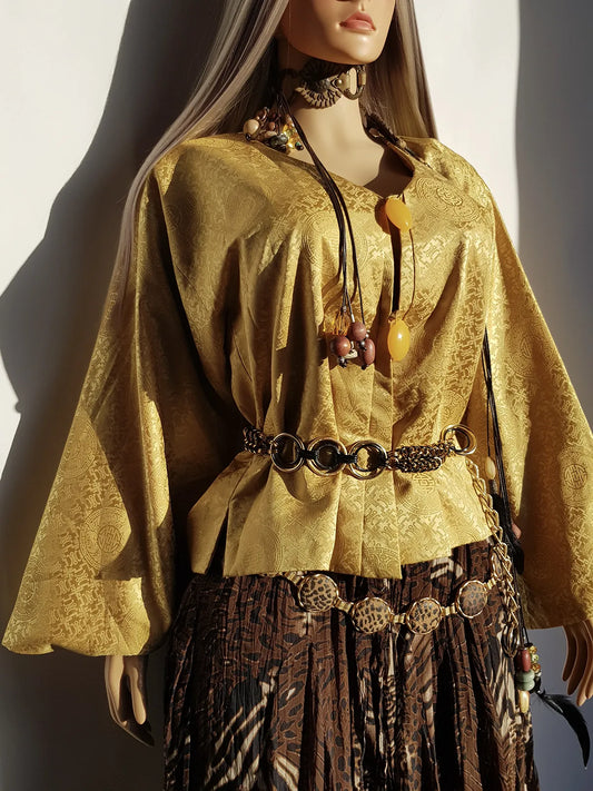 Vintage Golden Oriental Jacket with Large Feature Buttons - Stunning Print - Flared Sleeves