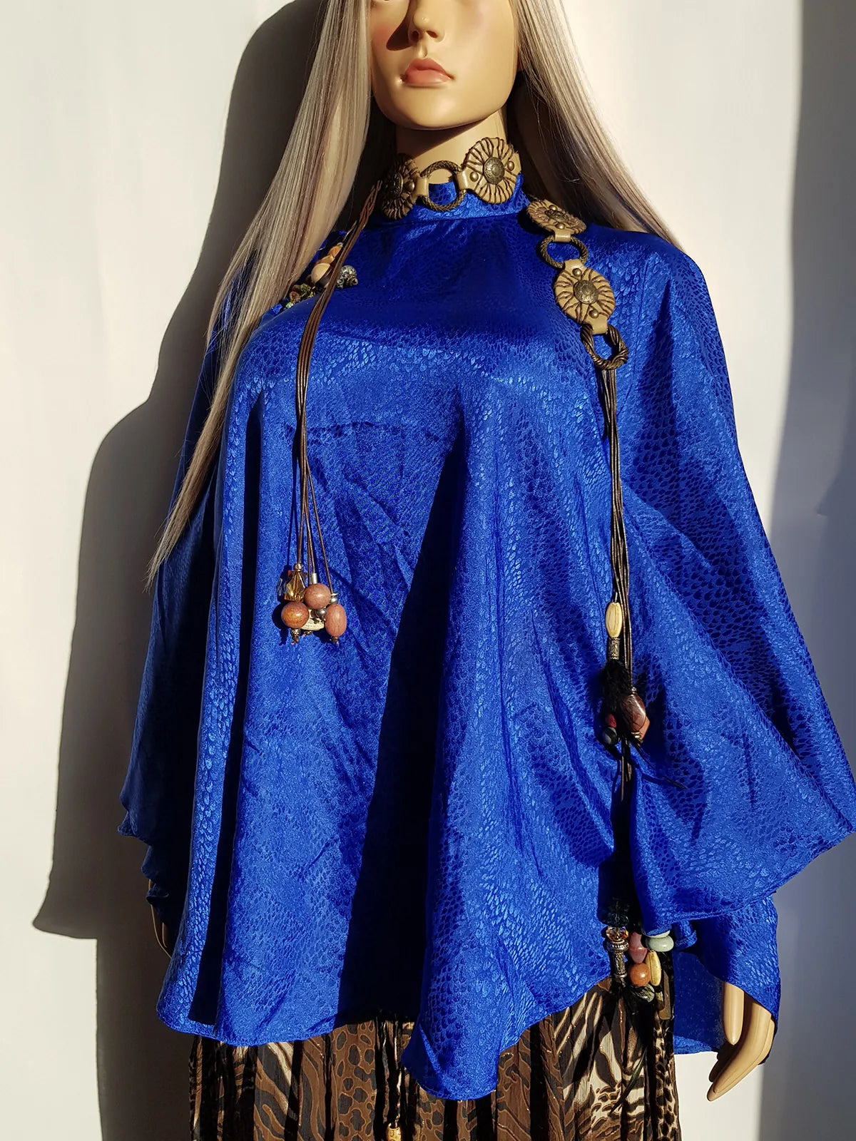 Rich Blue Vintage Satin Cape with Glamorous High Collar - Floaty & Flouncy - Perfect Drape