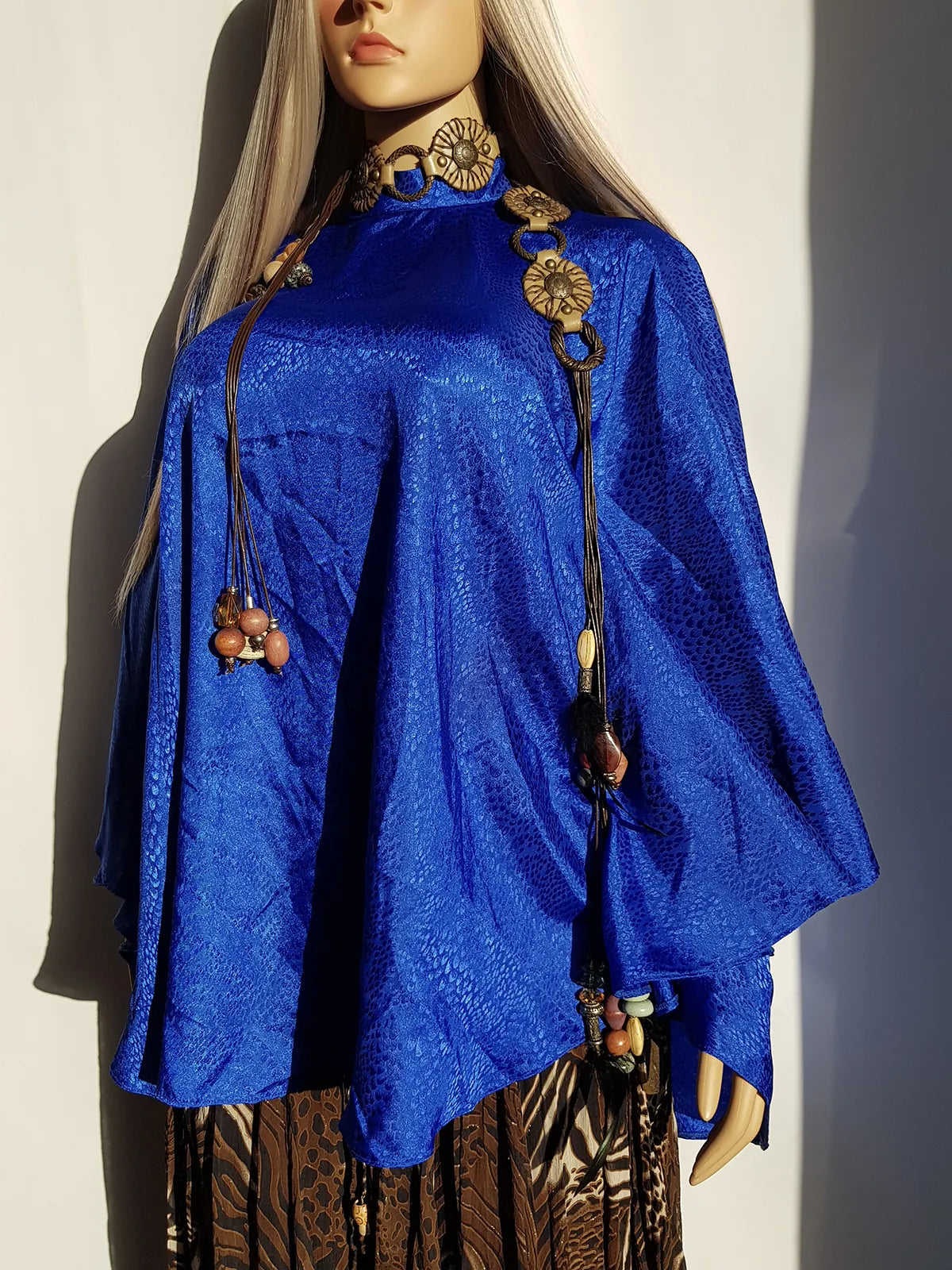 Rich Blue Vintage Satin Cape with Glamorous High Collar - Floaty & Flouncy - Perfect Drape