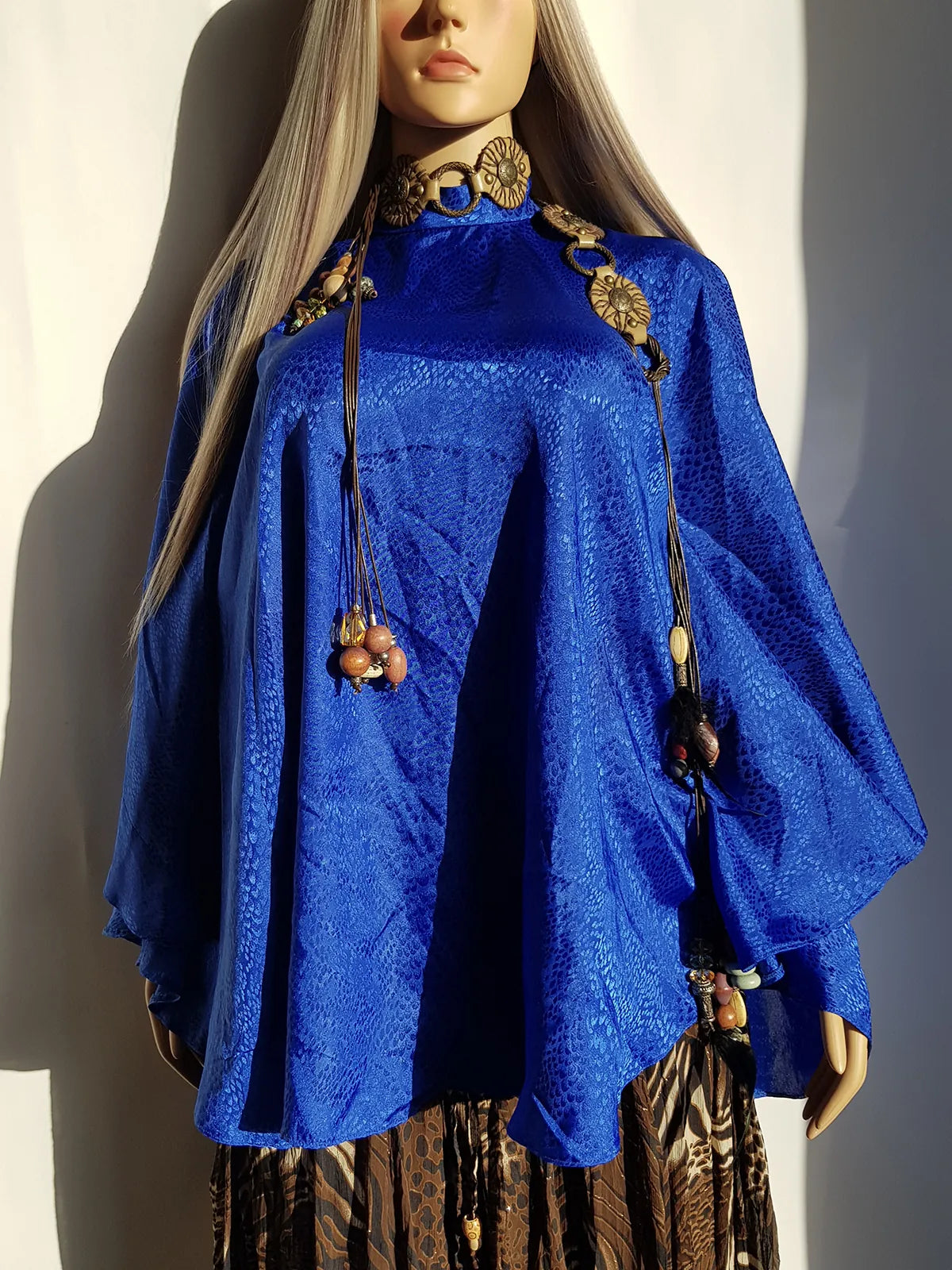 Rich Blue Vintage Satin Cape with Glamorous High Collar - Floaty & Flouncy - Perfect Drape