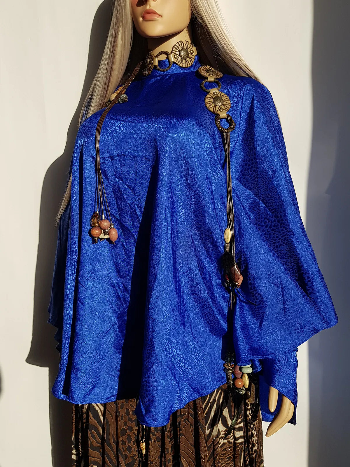 Rich Blue Vintage Satin Cape with Glamorous High Collar - Floaty & Flouncy - Perfect Drape