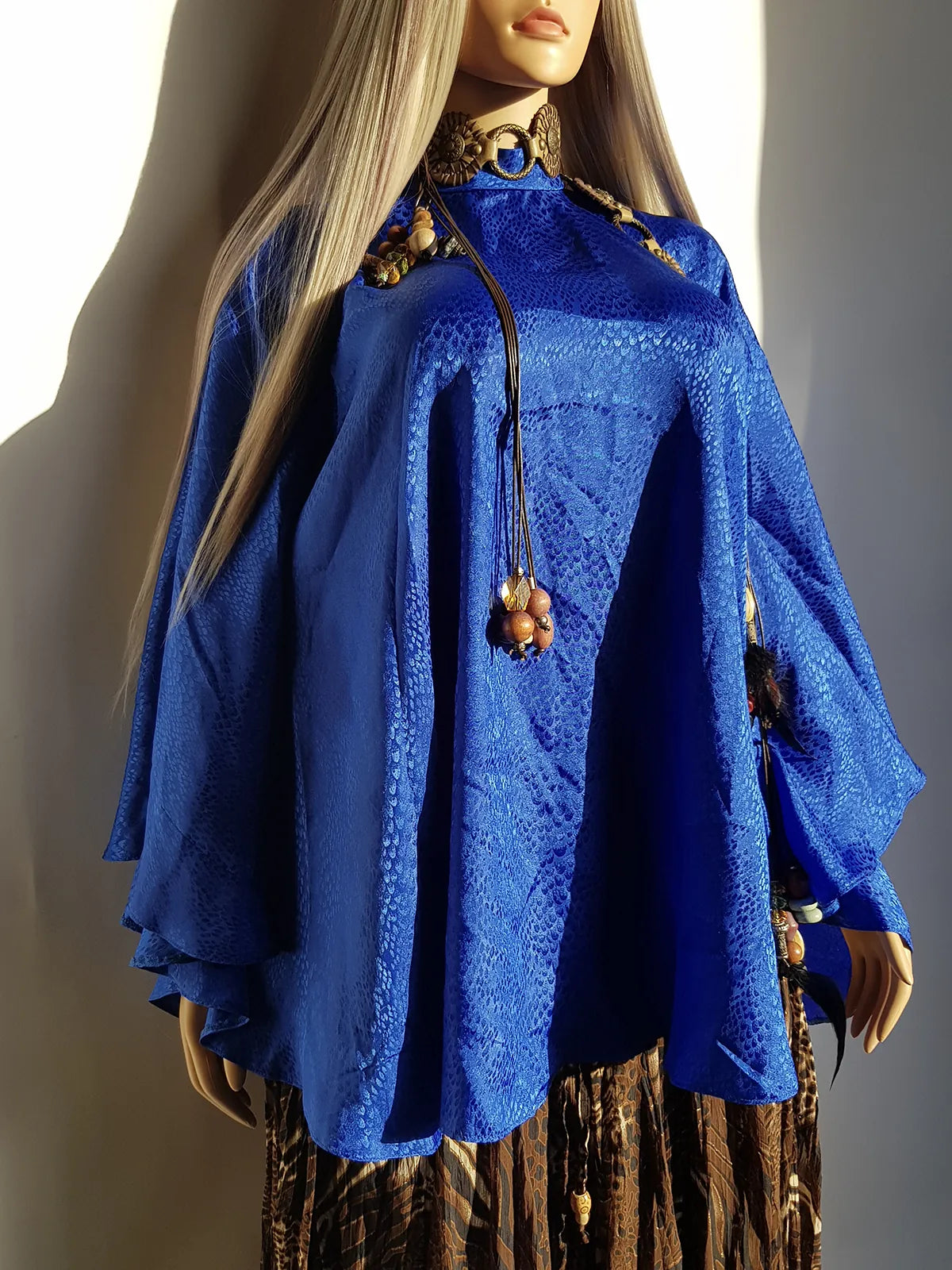 Rich Blue Vintage Satin Cape with Glamorous High Collar - Floaty & Flouncy - Perfect Drape