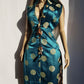 Unbelievably Gorgeous 1950s Hourglass Oriental Satin Dress in Emerald Green & Gold Print - Button Front & High Splits on the sides