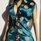 Unbelievably Gorgeous 1950s Hourglass Oriental Satin Dress in Emerald Green & Gold Print - Button Front & High Splits on the sides