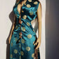 Unbelievably Gorgeous 1950s Hourglass Oriental Satin Dress in Emerald Green & Gold Print - Button Front & High Splits on the sides