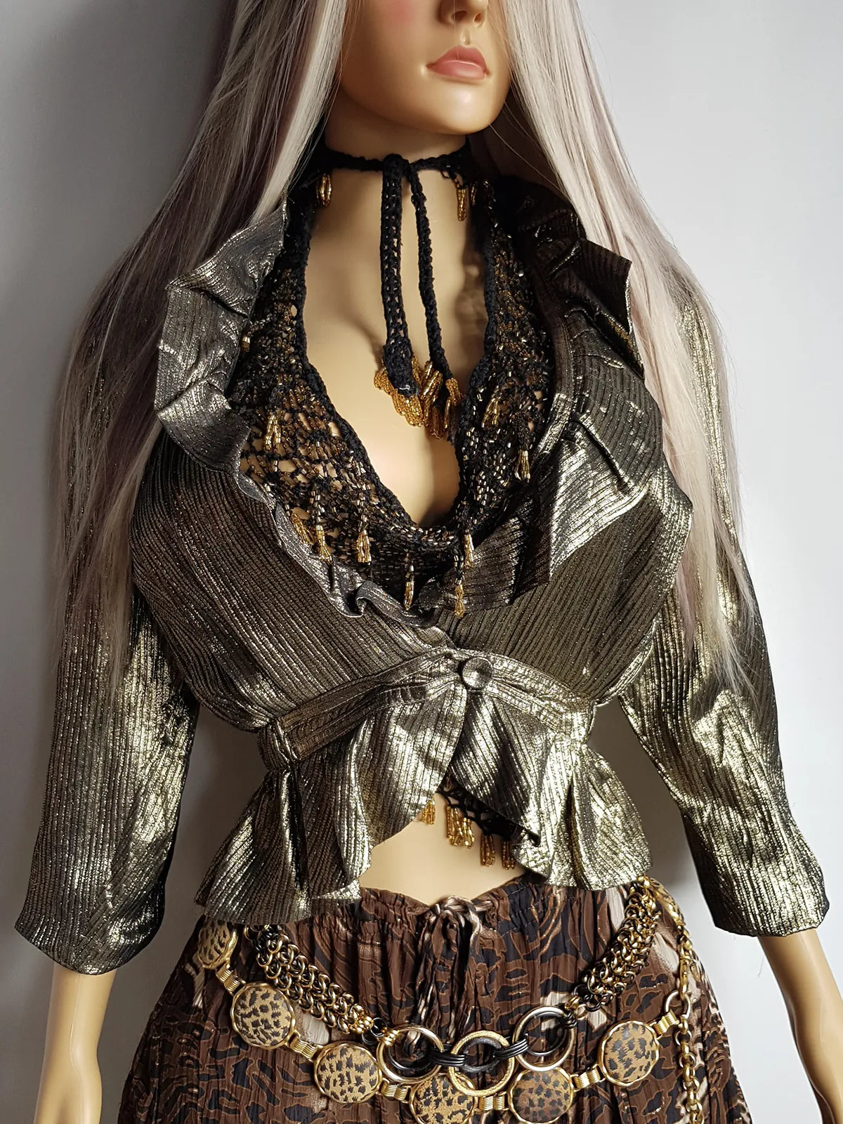 Gold Metallic Vintage Rockstar Bohemian Jacket - Ruffles & Gorgeous Open Bust - Nipped In Waist - Button Closure