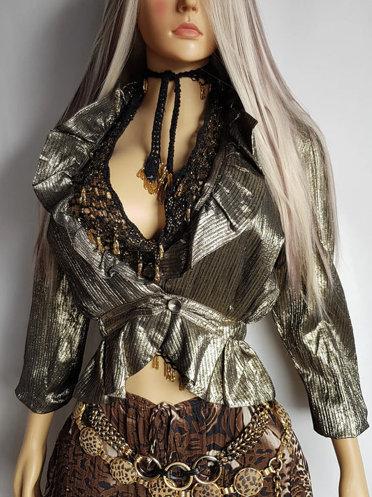 Gold Metallic Vintage Rockstar Bohemian Jacket - Ruffles & Gorgeous Open Bust - Nipped In Waist - Button Closure