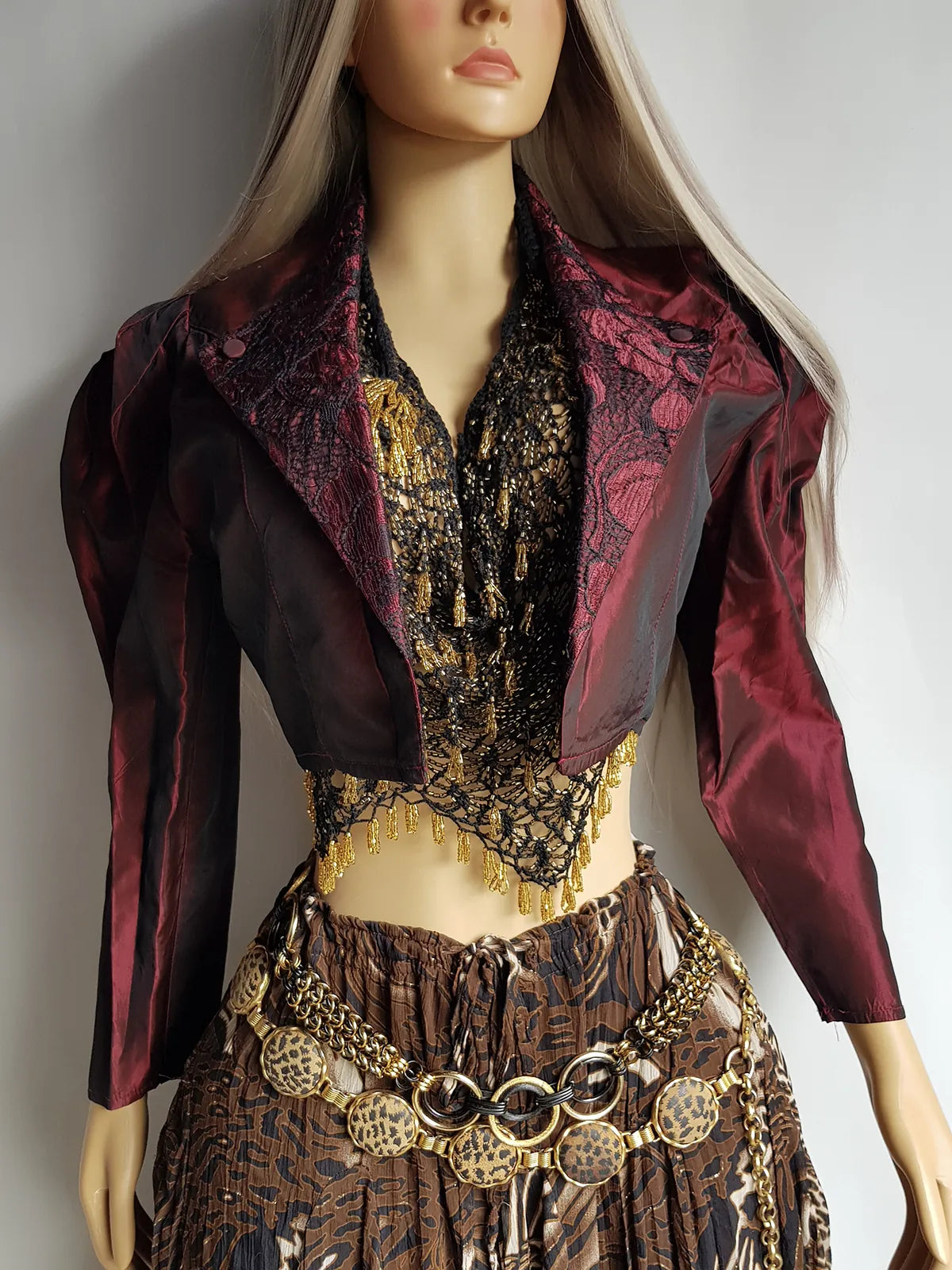 Gothic Romantic Lace Tuxedo Style Jacket - Bordeaux Tones with Black Lace Overlay - Sculptural Shoulders and Slim Waist - Crisp Taffeta and Absolutely Gorgeous Cropped Tailoring