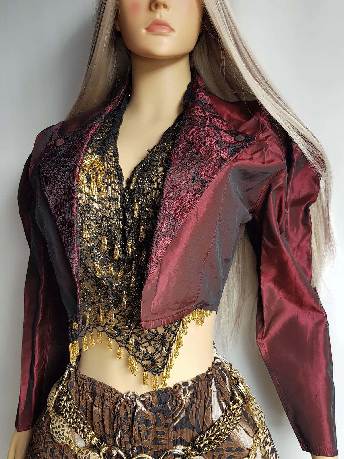 Gothic Romantic Lace Tuxedo Style Jacket - Bordeaux Tones with Black Lace Overlay - Sculptural Shoulders and Slim Waist - Crisp Taffeta and Absolutely Gorgeous Cropped Tailoring