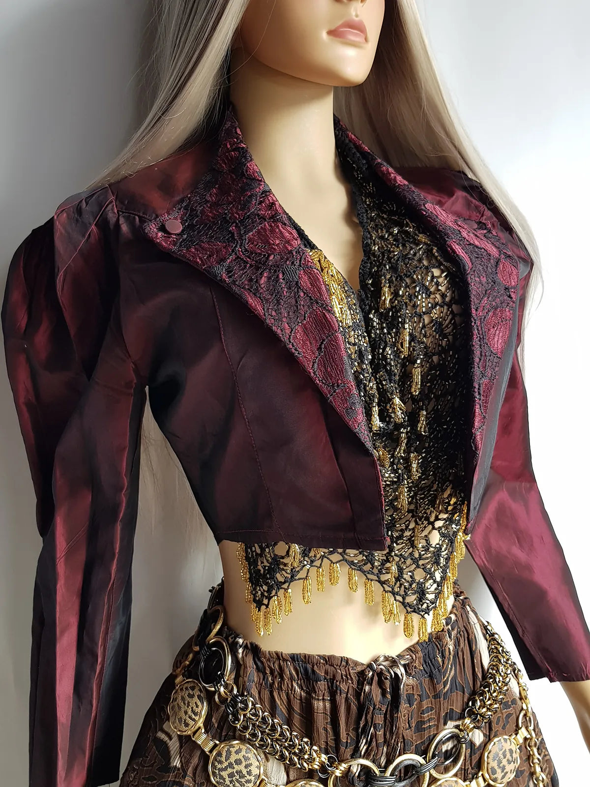 Gothic Romantic Lace Tuxedo Style Jacket - Bordeaux Tones with Black Lace Overlay - Sculptural Shoulders and Slim Waist - Crisp Taffeta and Absolutely Gorgeous Cropped Tailoring