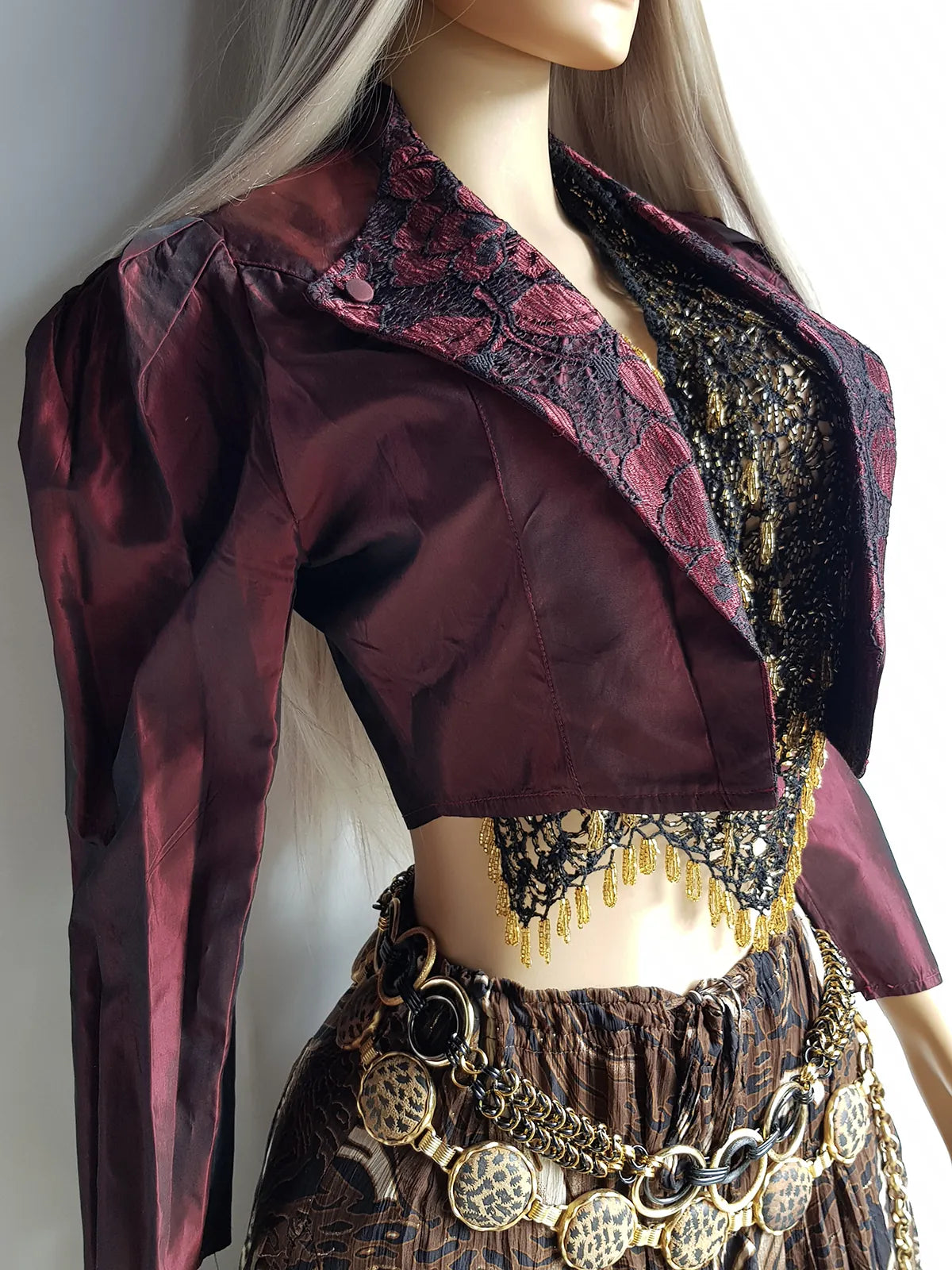 Gothic Romantic Lace Tuxedo Style Jacket - Bordeaux Tones with Black Lace Overlay - Sculptural Shoulders and Slim Waist - Crisp Taffeta and Absolutely Gorgeous Cropped Tailoring