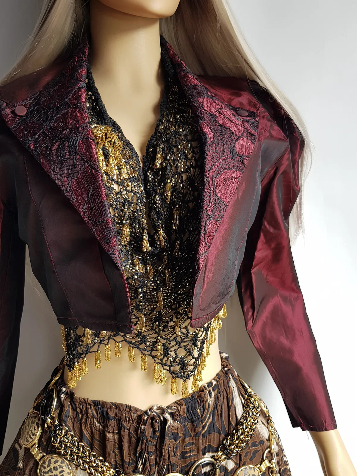 Gothic Romantic Lace Tuxedo Style Jacket - Bordeaux Tones with Black Lace Overlay - Sculptural Shoulders and Slim Waist - Crisp Taffeta and Absolutely Gorgeous Cropped Tailoring